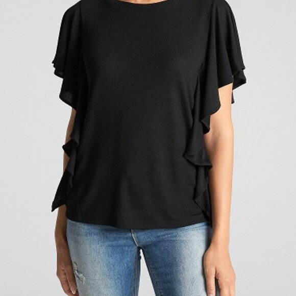 GAP Softspun Black Ruffle Cascading Sleeve Top - Size Large  NWOT - Picture 1 of 7